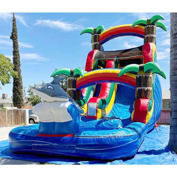 Slide Air Inflatable Murah 24'H Triple Lane Slide Air Tropis Raksasa untuk orang dewasa
