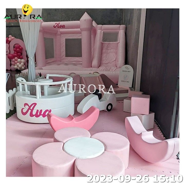 Bangun Bouncing Blue Mini Castle Soft Play Equipment Area Untuk Anak-anak Dengan Pagar