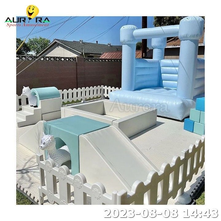 Blue Inflatable Bouncer Soft Play Sets Anak-anak Bermain Park Ball Pit Dengan Slide Outdoor
